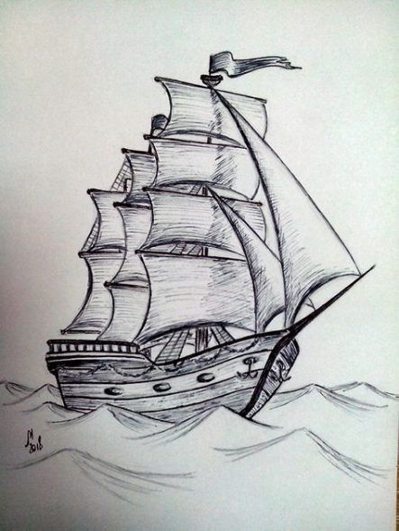 a drawing of a sailboat in the middle of water with an arrow pointing to it