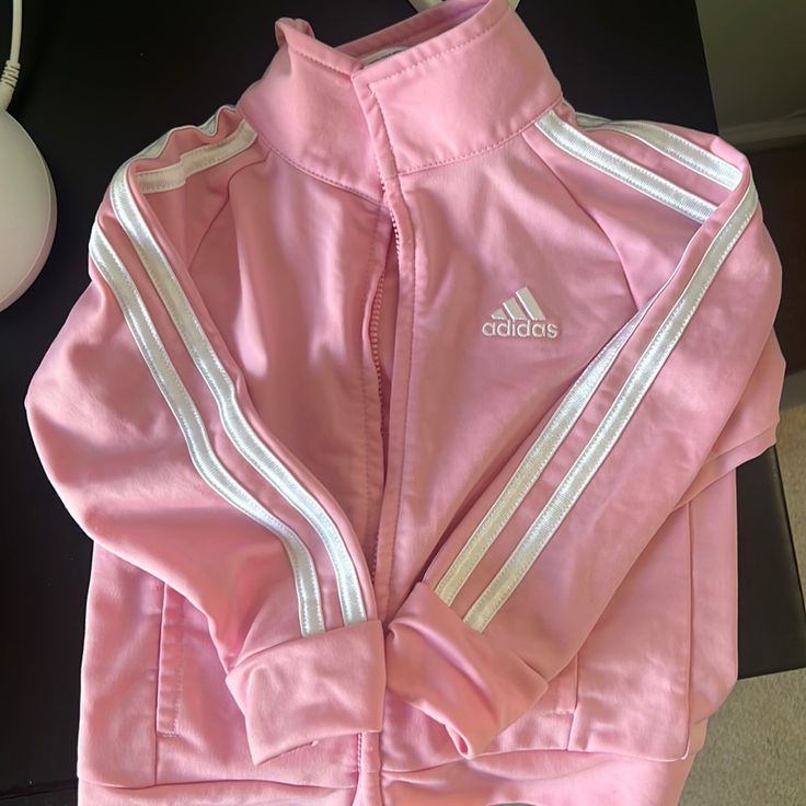 Never Worn. Pink Track Jacket Pink Adidas Hoodie, Pink Adidas Tracksuit, Pink Racing Jacket, Pink Adidas Jacket, Cute Zip Ups, Cotton Long Sleeve Outerwear For Play, Long Sleeve Cotton Outerwear For Play, Casual Long Sleeve Outerwear For Playtime, Casual Long Sleeve Outerwear For Play