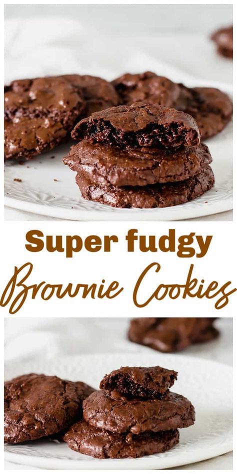 chocolate cookies are stacked on top of each other with the words super intense brownie cookies