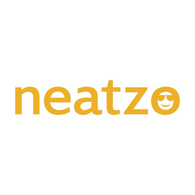 the logo for neatzo is shown on a white background with an orange smiley face