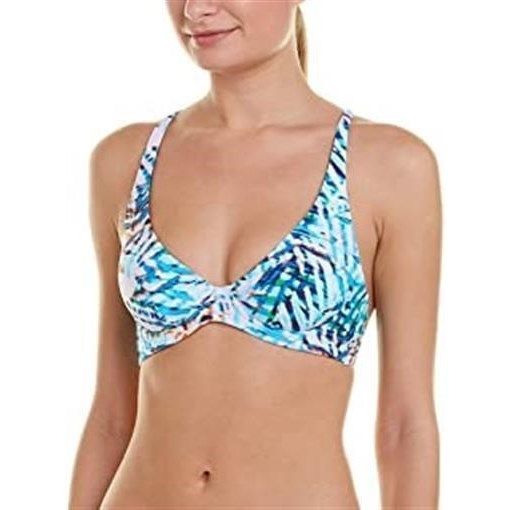 Pilyq Palmas Bikini Swim Top Color: Blue Pink Orange Green Black Size: Small Underwired Halter Straps Hand Wash Only Tropical Underwire Tankini For Pool, Blue Summer Swimwear With Padded Cups, Blue Swimwear With Padded Cups For Swimming, Blue Tankini With Padded Cups For Summer, Beachy Swimwear With Padded Cups For Pool, Blue Padded Swimwear For Pool, Blue Padded Swimwear For Summer, Blue Tropical Tankini With Triangle Top, Blue Tropical Tankini For Poolside