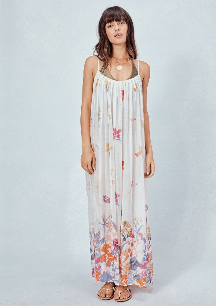 [Color: Pink/Orange] Floral Print Maxi Dress For Summer Beach Party, Flowy Beachwear Maxi Dress For Brunch, Floral Print Maxi Dress For Spring Beach Party, Beachy Floral Print Sundress As Beach Cover-up, White Spaghetti Strap Beach Dress For Vacation, White Floral Print Maxi Dress, Spring Printed Maxi Dress For Beach, White Maxi Dress With Spaghetti Straps For Day Out, Spring Printed Maxi Dress Beach Cover-up