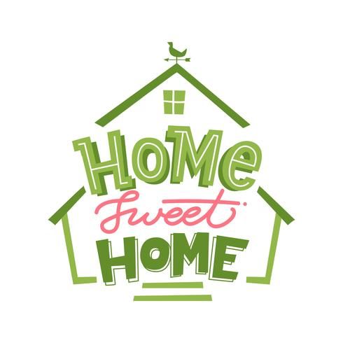 the words home sweet home written in green and pink on a white background with a small bird