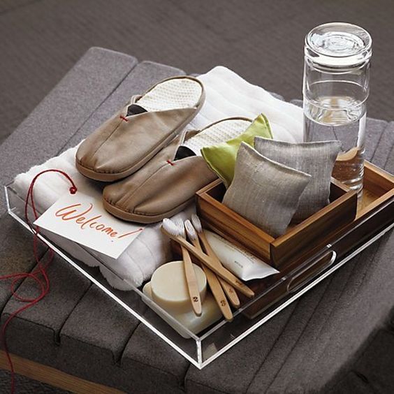 a tray filled with shoes and other items