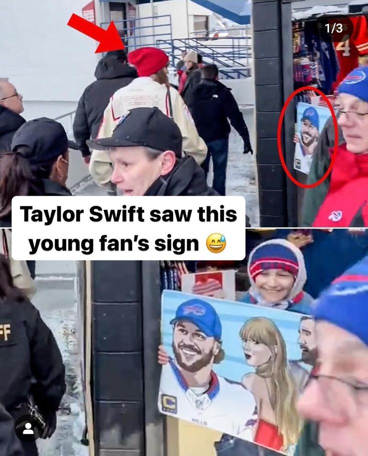 two pictures of people standing in front of a building and one has an image of taylor swift saw this young fan's sign