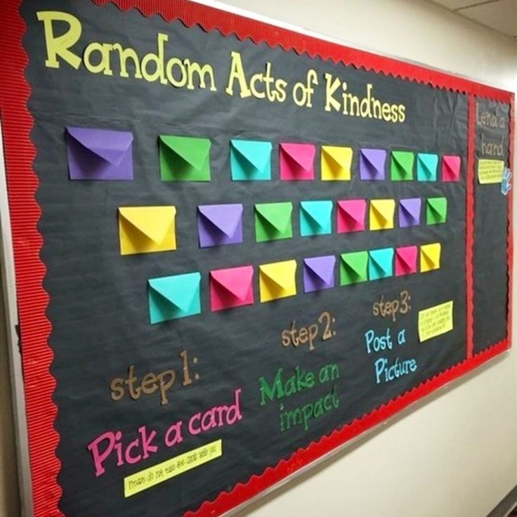 a bulletin board with sticky notes attached to it in an office cubicle that says random acts of kindness