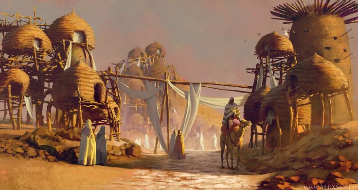 an artist's rendering of a desert village with people on camels and other structures