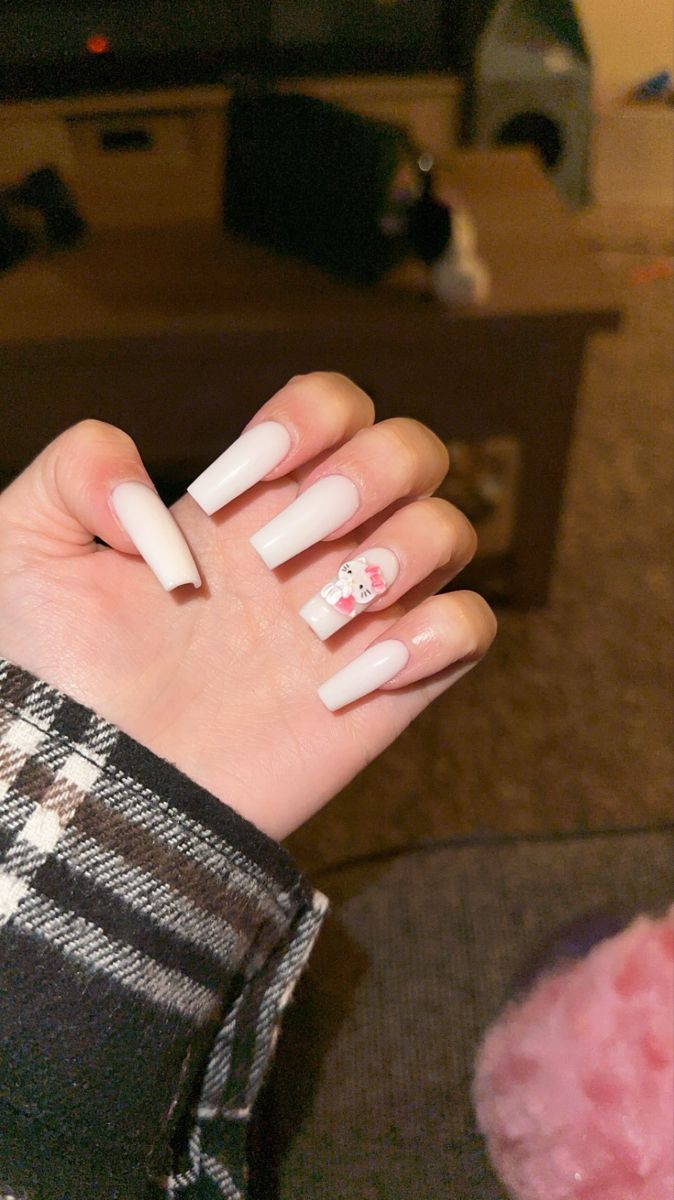 Hello kitty white nails White Nails With Hello Kitty, Plain Nails With Charms, Basic Hello Kitty Nails, White Hello Kitty Nails, White Nails With Charms, Long White Nails, Formal Nails, Plain Nails, White Acrylic Nails