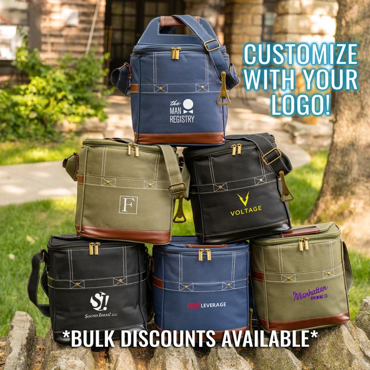 four bags sitting on top of each other with the words customize with your logo