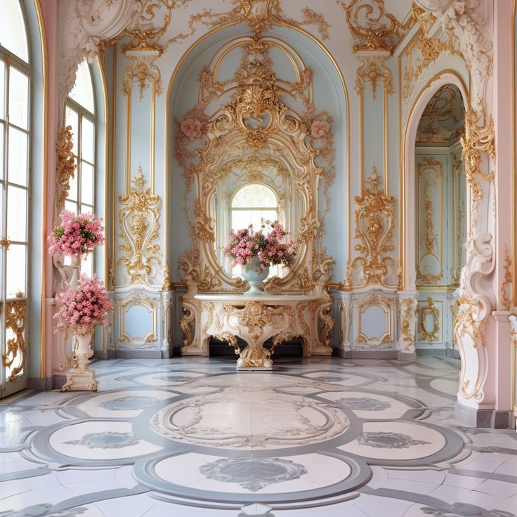 an ornately decorated room with vases and flowers on the table in front of it