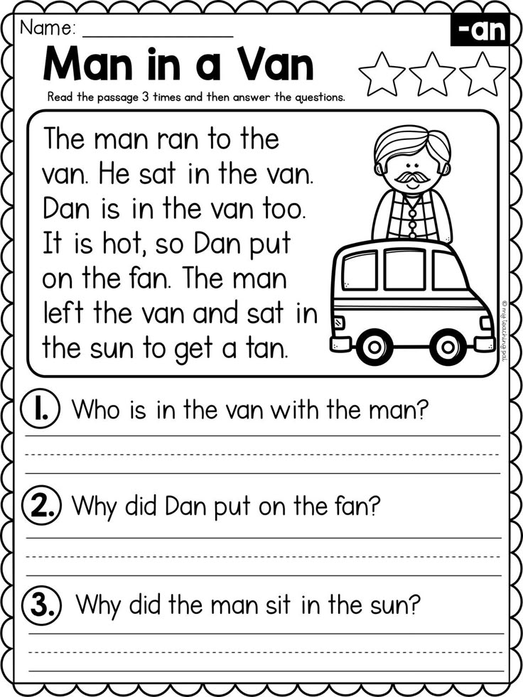 worksheet for reading the man in a van with pictures and words on it