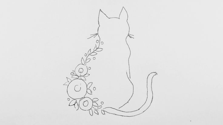 a black and white drawing of a cat with flowers