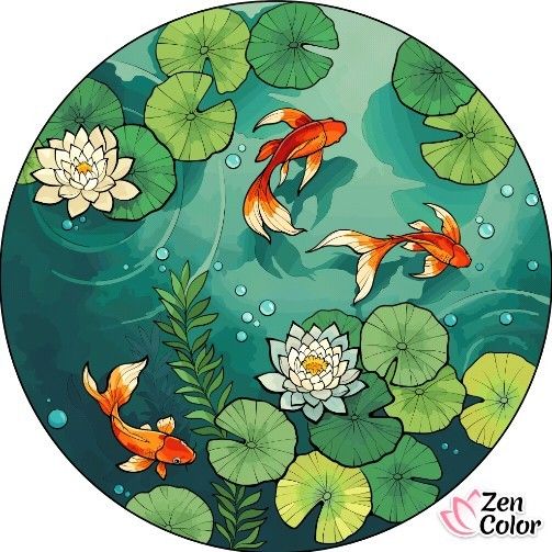 an image of koi fish in the pond with lily pads and water lilies