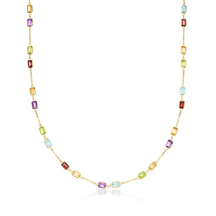 Ross-Simons - 14.10ct t. w. Multi-Gemstone Station Necklace in Gold. 18". Unlock a world of color with this stunning station necklace! Lovely, lucent emerald-cut gems trace the neckline on a classic 14kt yellow gold cable chain, including 14.10 ct. tot. gem wt. citrine, garnet, sky blue topaz, peridot and amethyst. Springring clasp, multi-gemstone station necklace. Garnet birthstones are the perfect gift for January birthdays. Garnet Birthstone, Sky Blue Topaz, Station Necklace, World Of Color, Emerald Cut, Cable Chain, Blue Topaz, Citrine, Sky Blue