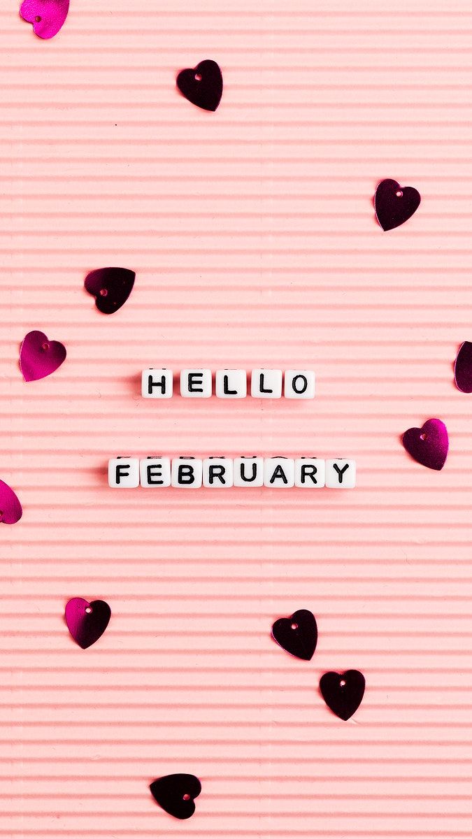 the words hello february are spelled with hearts on a pink background that is covered in black and white confetti