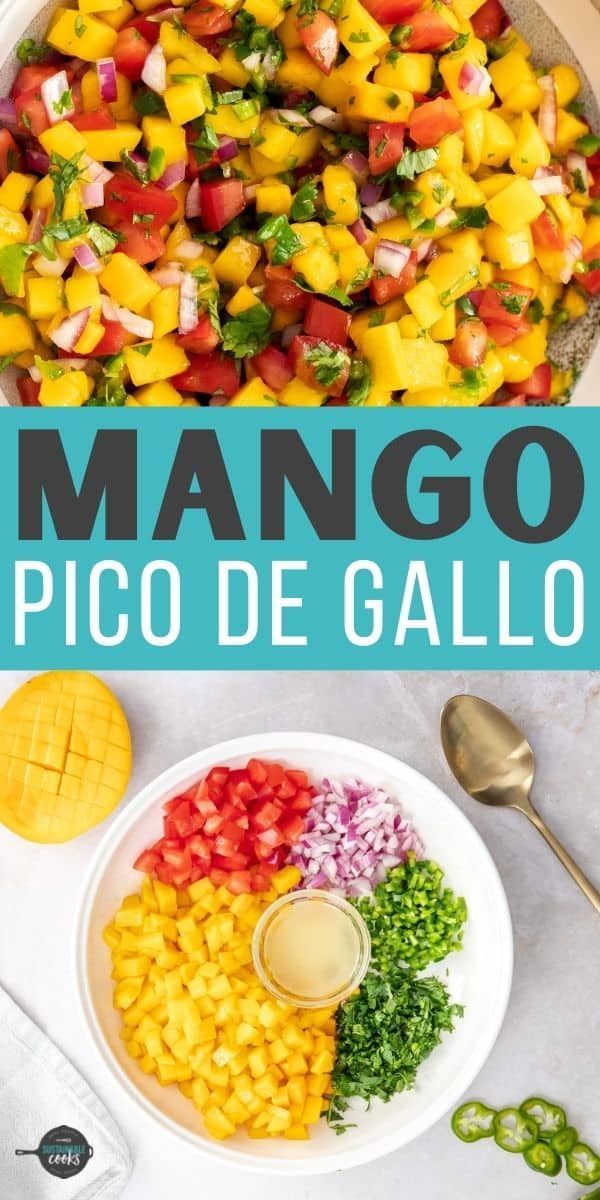 mango pico de galloa salad on a white plate