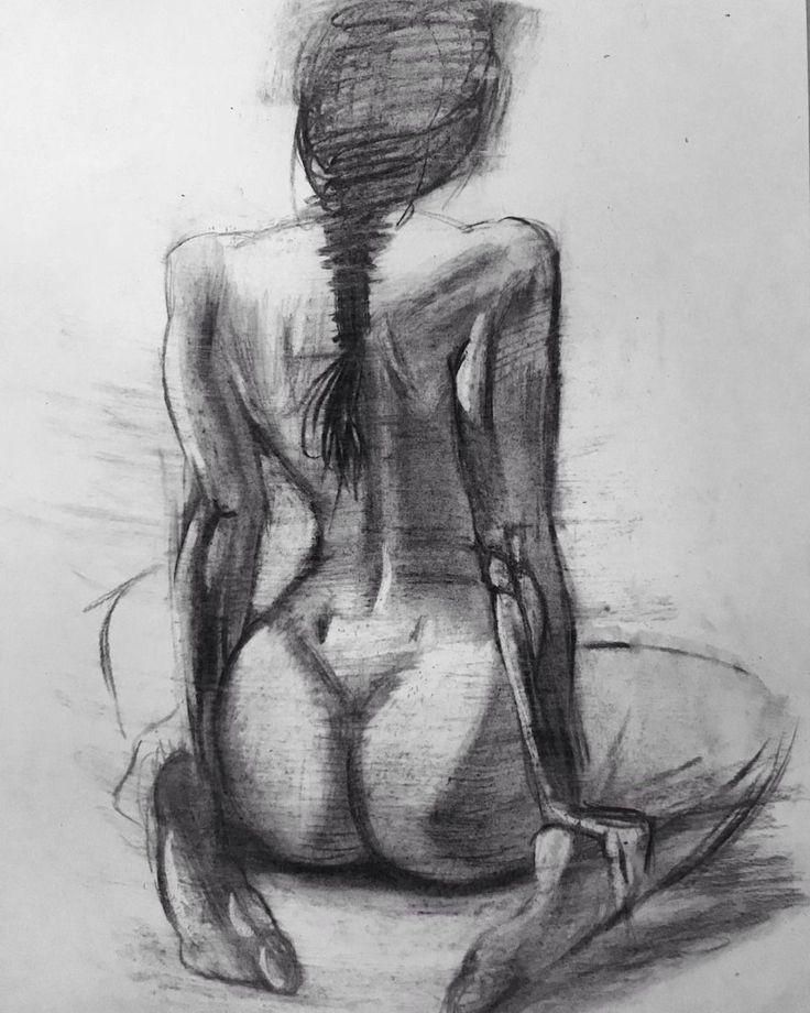 a black and white drawing of a naked woman sitting on the ground with her back to the camera