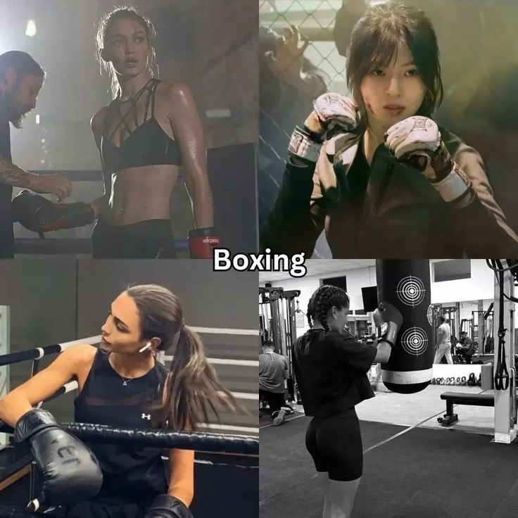 two women in boxing gloves and one woman with boxing gloves