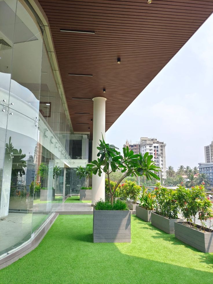 an outdoor area with grass, plants and potted plants on the side of the building