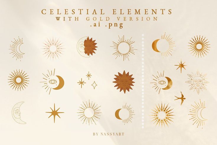 the celestial elements with gold version are displayed on a white background for an advertisement or poster