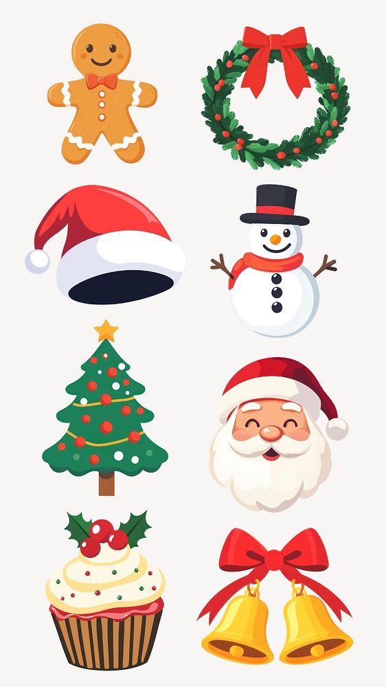 various christmas items and decorations on a white background, including a snowman, santa clause,