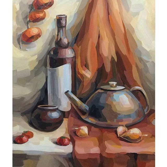 an oil painting of a kettle, bottle and apples