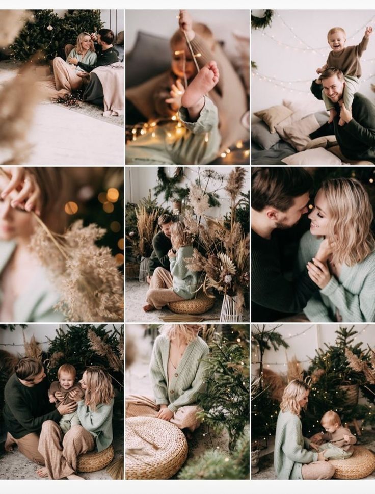 a collage of photos with people and christmas trees in the background, one woman is holding her baby