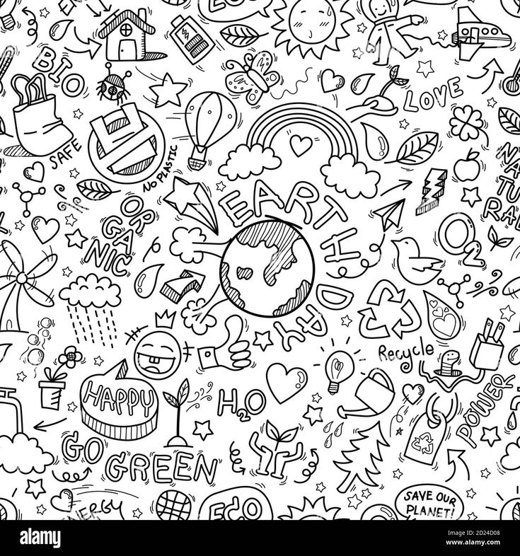 a black and white doodled background with lots of different things in the shape of hearts