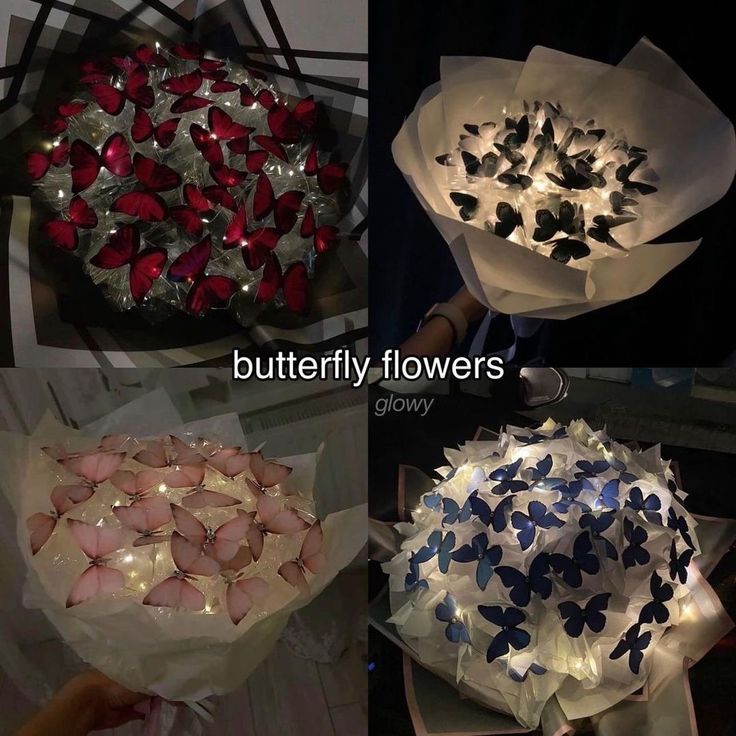 four different types of paper flowers with butterflies on them and lights in the shape of stars