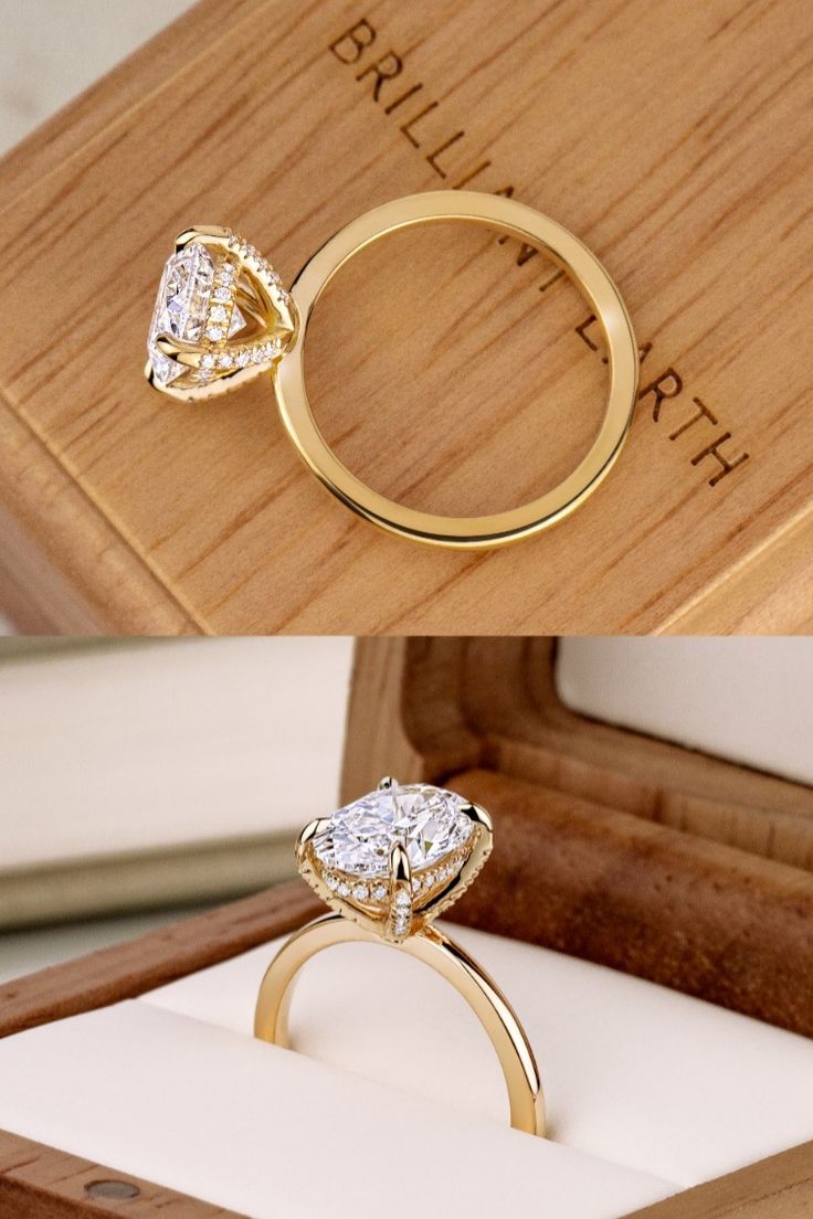 two different views of an engagement ring in a box