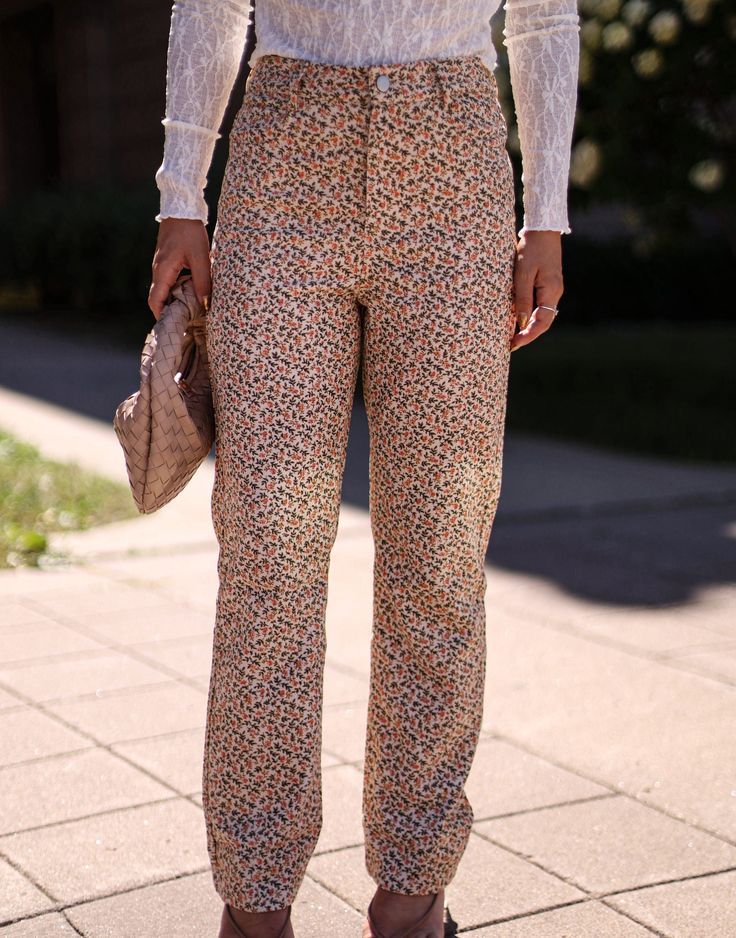 Fall Floral Print Pants Cloud Ten Pink High-waisted Floral Print Pants, Floral Print Non-stretch Wide Leg Jeans, Non-stretch Wide Leg Floral Print Jeans, Stretch Wide-leg Floral Print Pants, Wide-leg Floral Print Lounge Pants, Floral Print Pants, Print Pants, Printed Pants, Fall Floral