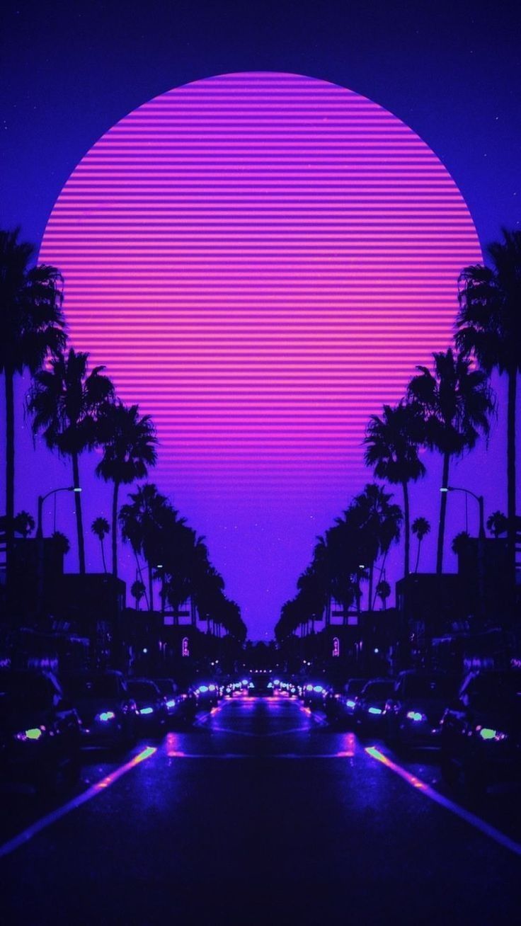 the sun is setting over palm trees and cars on the road in front of them