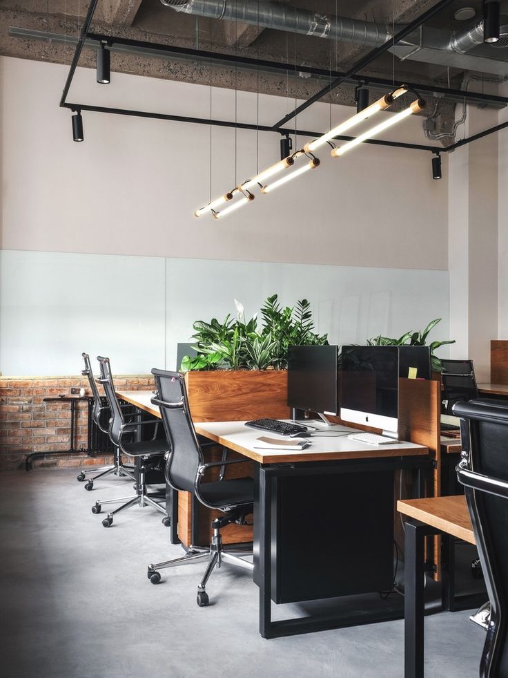 an office with desks, chairs and plants in the middle of it's walls