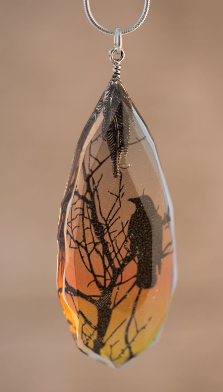 a bird sitting on top of a tree branch in a tear shaped glass pendant necklace