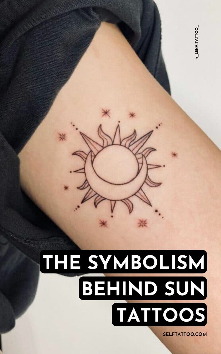 a sun tattoo on the back of a woman's arm with stars around it