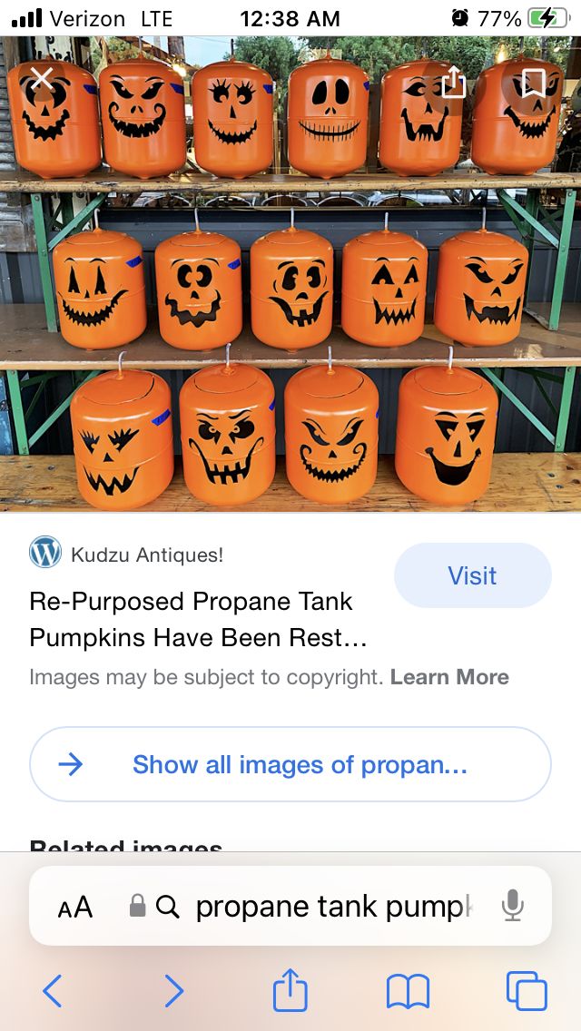 an iphone screenshot of pumpkins with the caption'halloween propane tank '