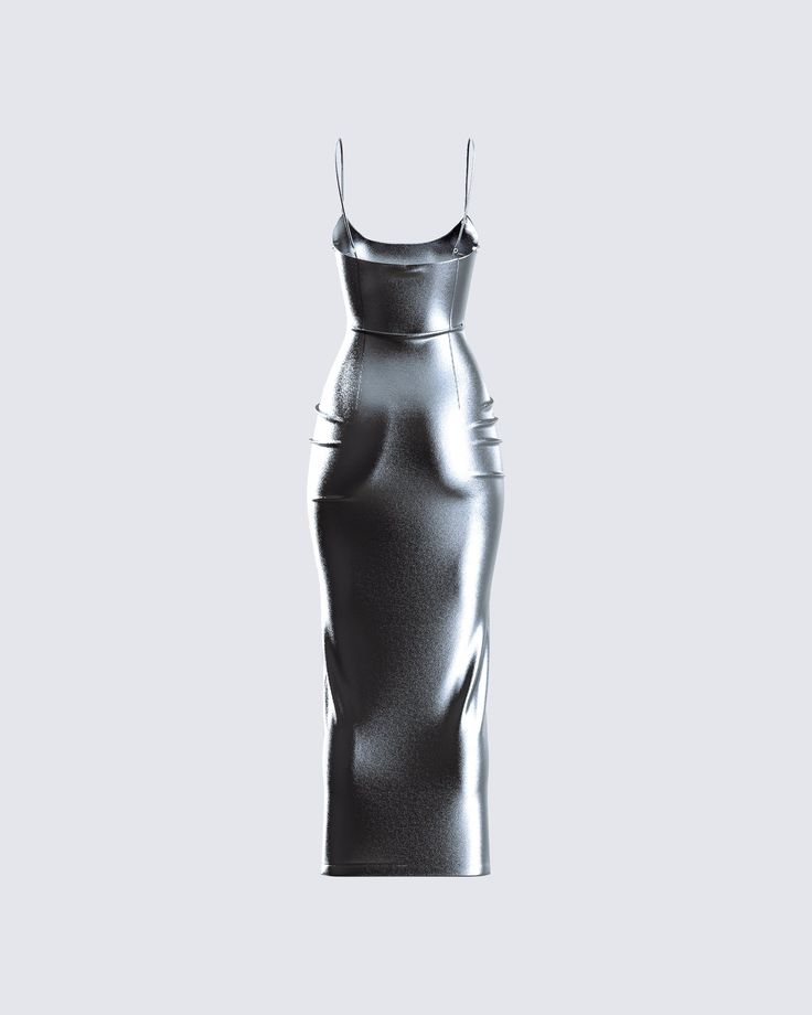 Claim your spotlight with this metallic gunmetal midi dress 😌 Crafted from metallic lamé stretch jersey complete with adjustable spaghetti straps - this look will leave everyone envious of your radiance 🤍 Black Metallic Dress, Sultry Outfit, Grey Outfits, Black Off Shoulder Top, Clothing Templates, Shiny Dress, Metallic Mini Dresses, Corset Fashion, Rhinestone Top