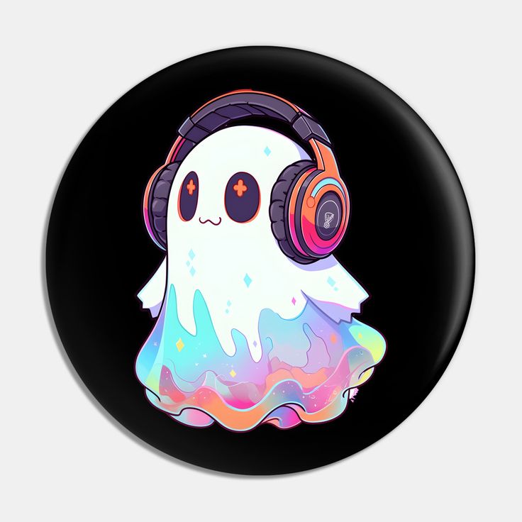 a button with headphones and a ghost