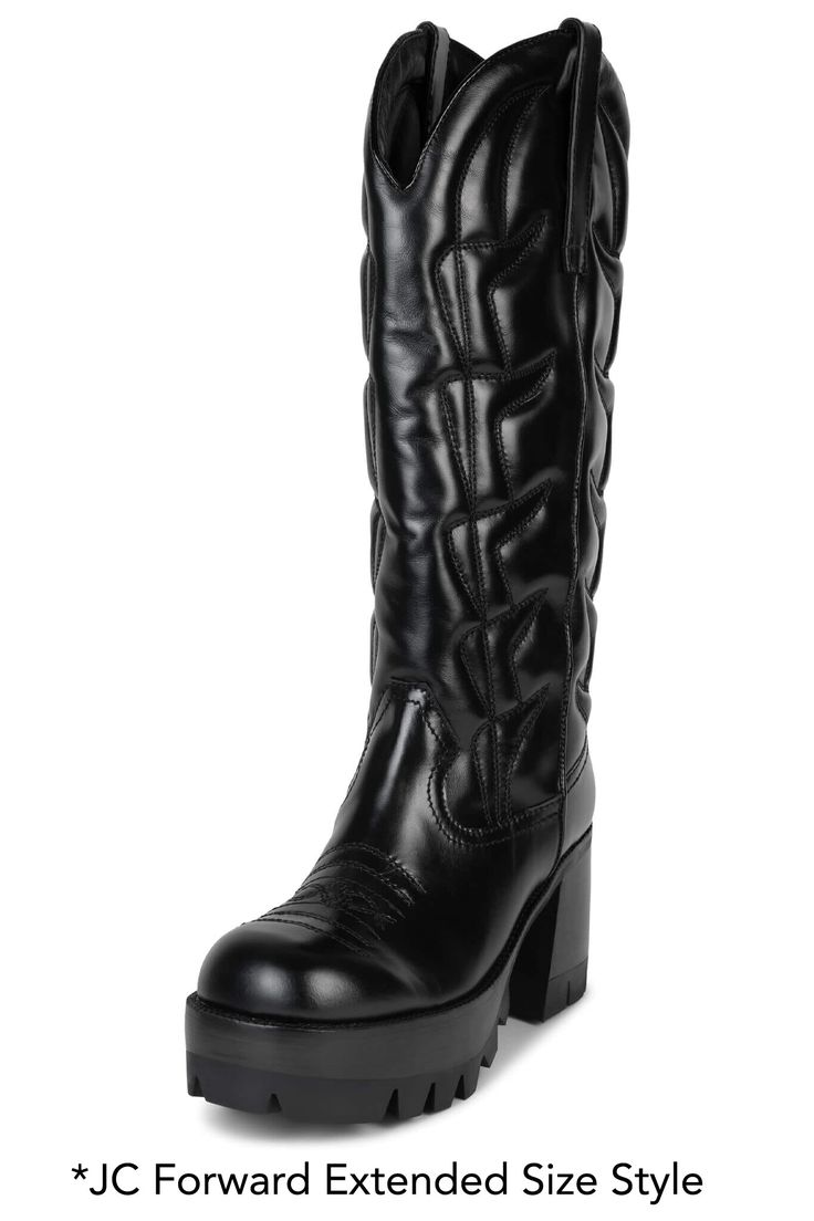 *Our best-seller HONKY-TONK now available in extended sizing. Platform knee-high cowboy boot with lug sole Fits true to size Measurements taken from a size 7 3.5" Heel, 2" Platform 12.5" Shaft, 14" Leg Opening Western Knee-high Wide Calf Platform Boots, Western Style Knee-high Wide Calf Platform Boots, Wide Calf Knee-high Western Platform Boots, Wide Calf Knee-high Boots For Rodeo In Winter, Western-themed Knee-high Heeled Boots For Winter, Winter Knee-high Boots For Rodeo, Western Style Fitted Knee-high Platform Boots, Winter Knee-high Boots For Western-themed Events, Fitted Western Platform Boots For Fall