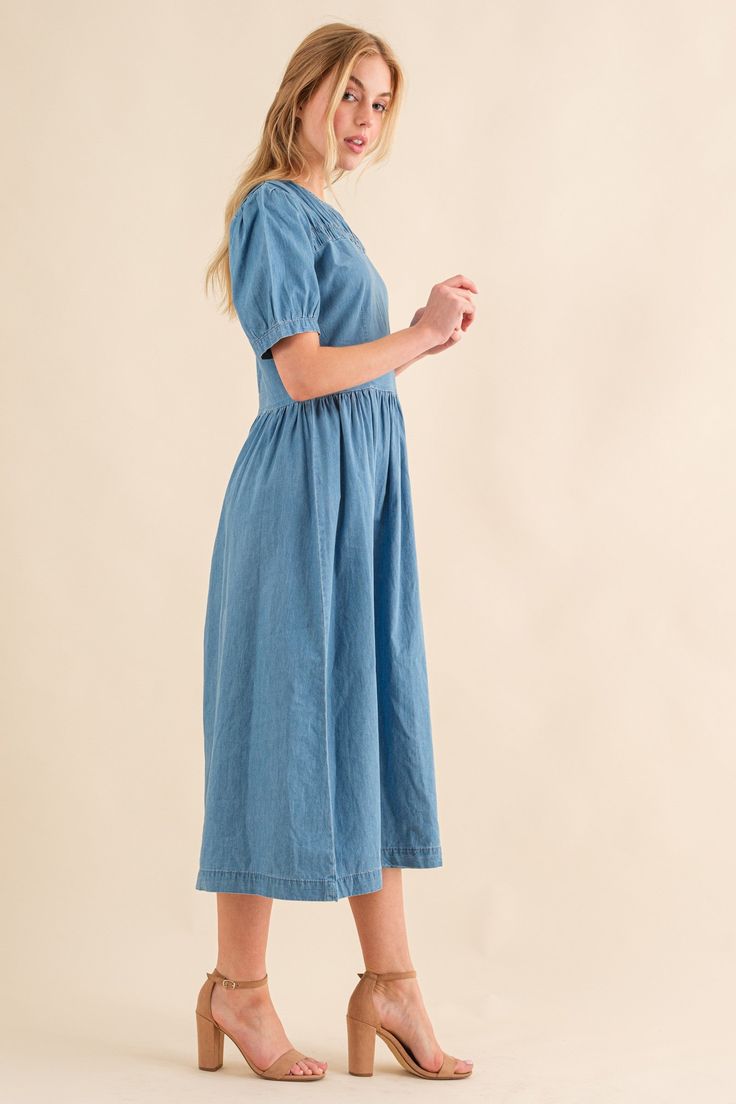 A beautiful soft denim dress with a smocked collar featureLENGTH: 46" Made In China Blue Midi Dress, Made In China, Denim Blue, Denim Dress, Blue Denim, Midi Dress, Product Description, China, Collar