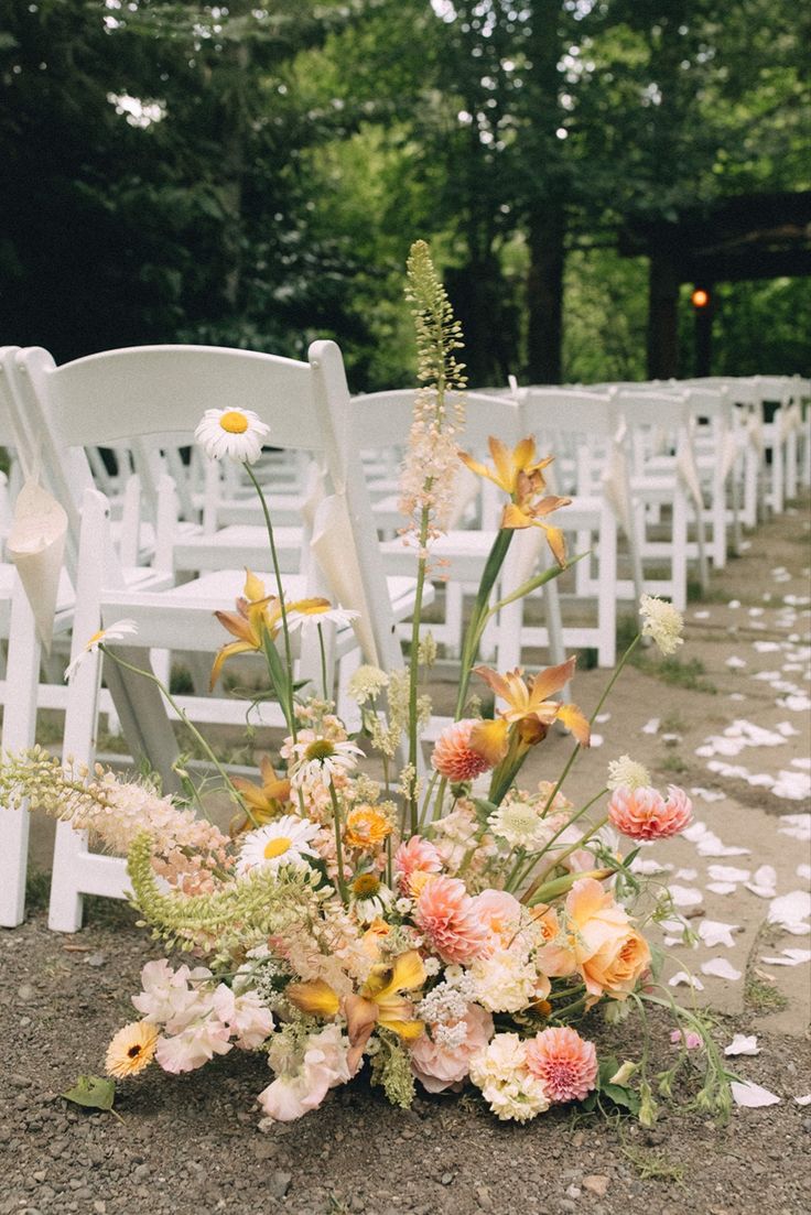 Aisle meadow Seattle wedding florals dahlias summer wedding iris foxtail lilies sunset palette Seattle floral designer sustainable florals repurposing floral centerpiece large floral installation Wedding Isles, Aisle Flowers, Wedding Ceremony Flowers, Wedding Flower Inspiration, Garden Party Wedding, Ceremony Arch, Ceremony Flowers, Wildflower Wedding, Deco Floral