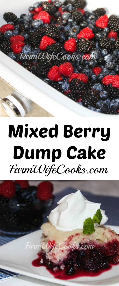 mixed berry dump cake with whipped cream and berries