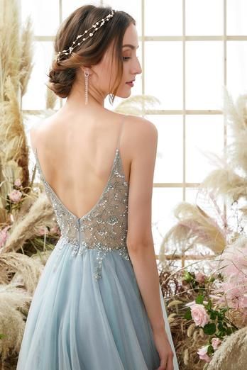 Blue Tulle Prom Dress, Split Prom Dresses, Formal Dresses Graduation, Spaghetti Strap Prom Dress, Prom Dresses Sleeveless, Beaded Prom Dress, Maxi Dress Prom, Sophisticated Dress, Tulle Prom Dress