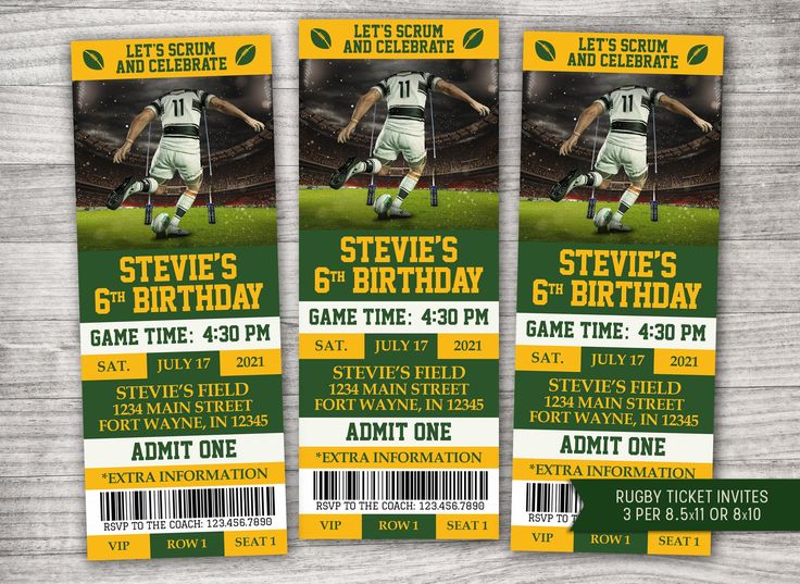 two sports ticket templates with green and yellow stripes on the front, one is for a