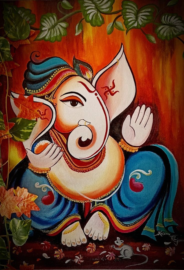 a painting of an elephant sitting on top of a wooden table next to leaves and flowers