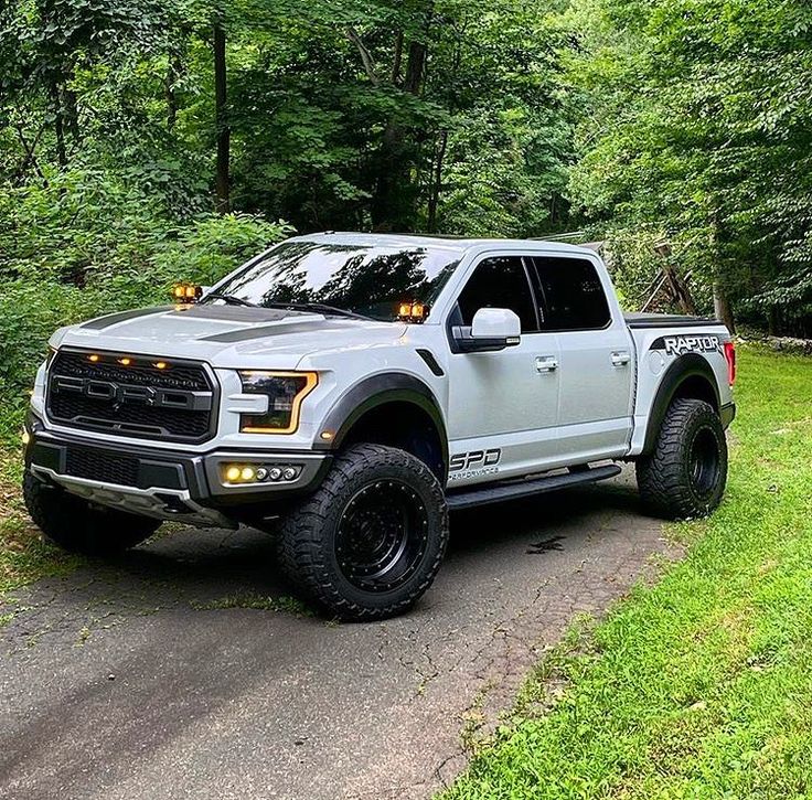 a white truck parked on the side of a road in front of some green trees