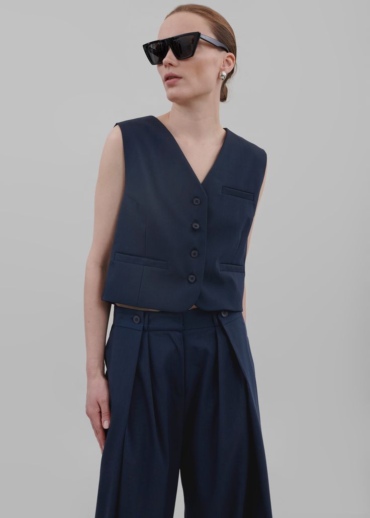 Ayah Vest - Navy Paris Store, Denim Suit, The Frankie Shop, Frankie Shop, Ny City, Paris Woman, Pleated Trousers, Leather Texture, Unisex Gifts