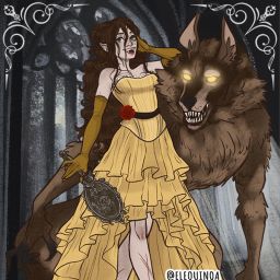 a woman in a yellow dress standing next to a wolf