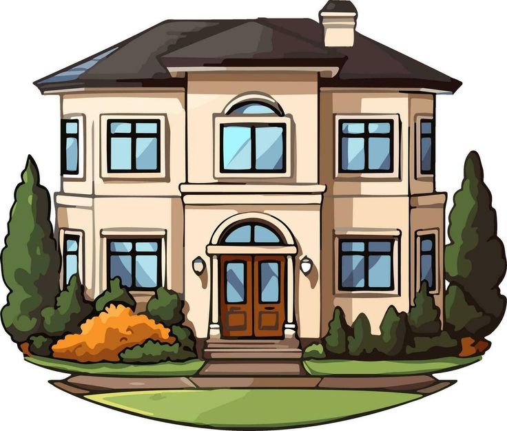 a big house with trees and bushes around it on a white background, in the style of cartoonism