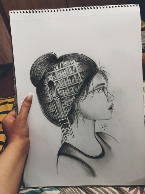 a drawing of a woman's head with books in the brain on her head